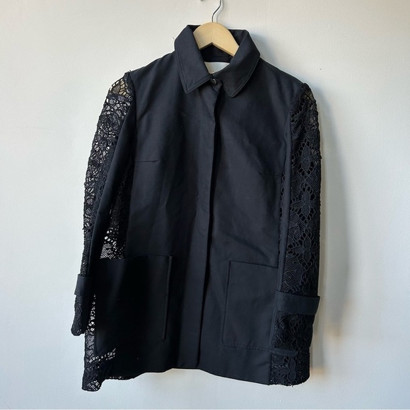 Maje Ginseng Black Cotton Twill Lace Coat Jacket Trench Size M - Picture 9 of 10